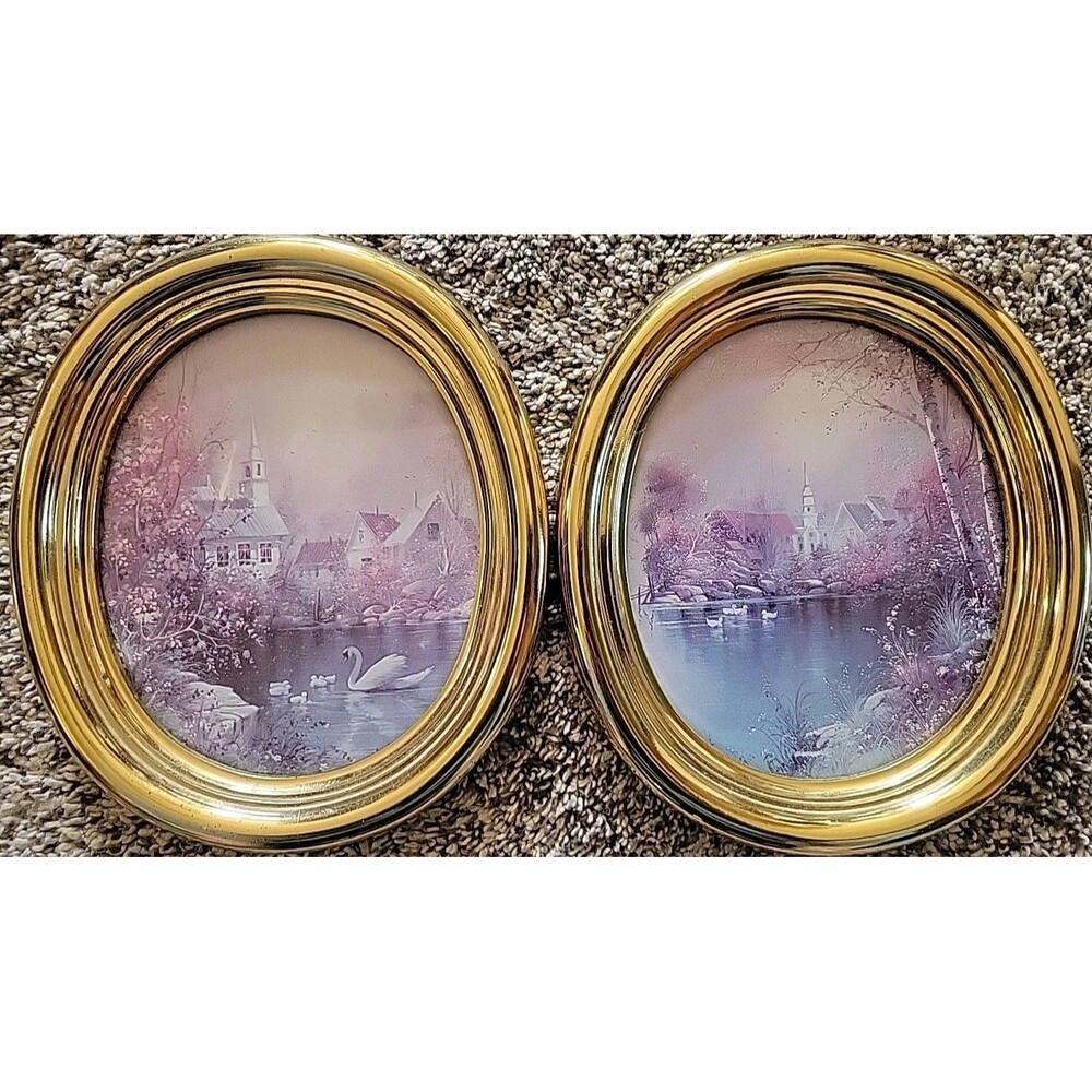 Pair Vintage Homco Syroco Gold Oval Framed Church Swan Lake Set Cottage core